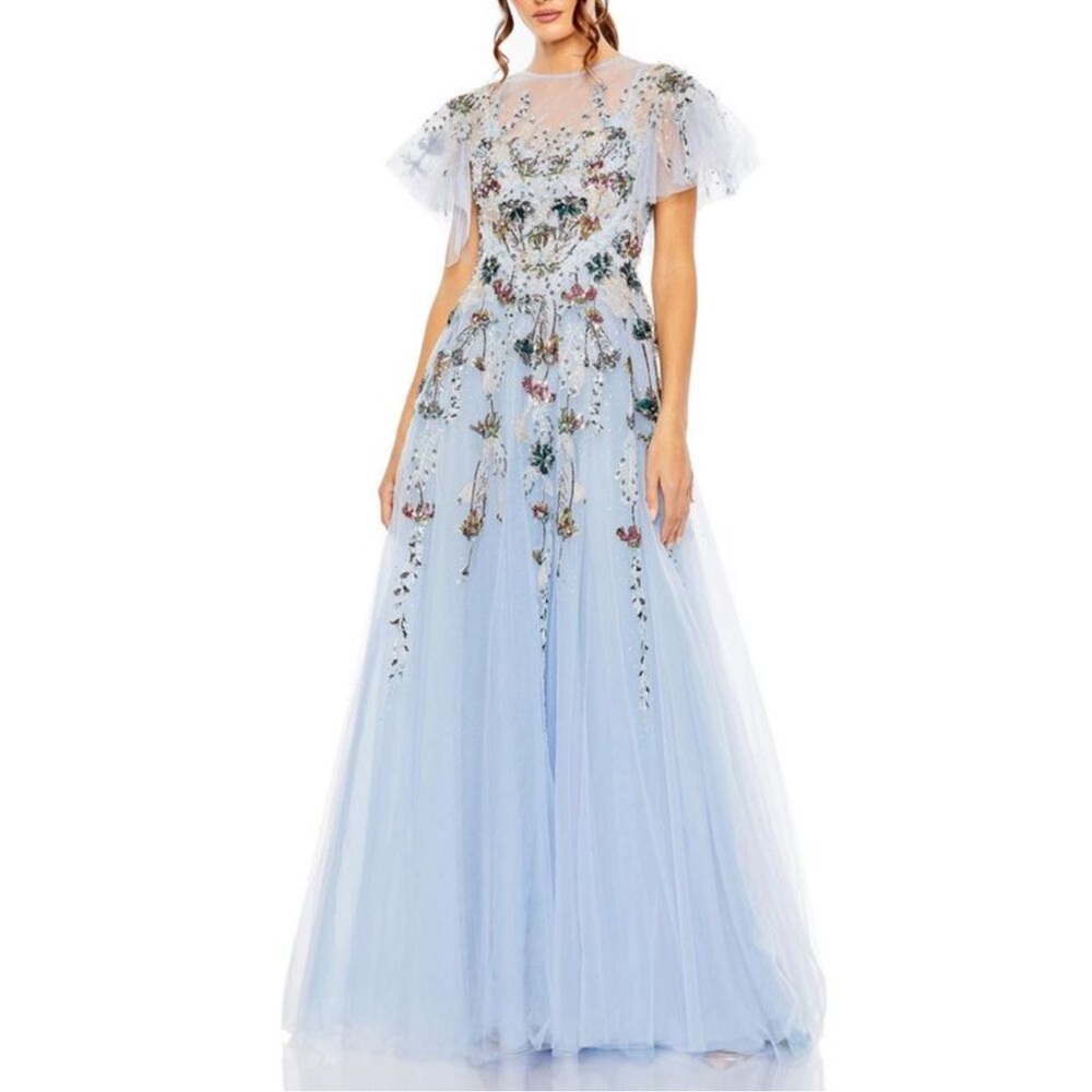 Mac Duggal Light Blue Floral Embroidered Tulle Maxi Gown
